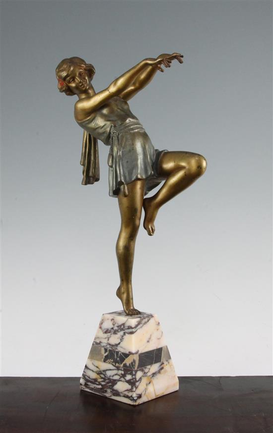 A French Art Deco patinated and cold painted metal figure of a dancing girl, 15.5in.